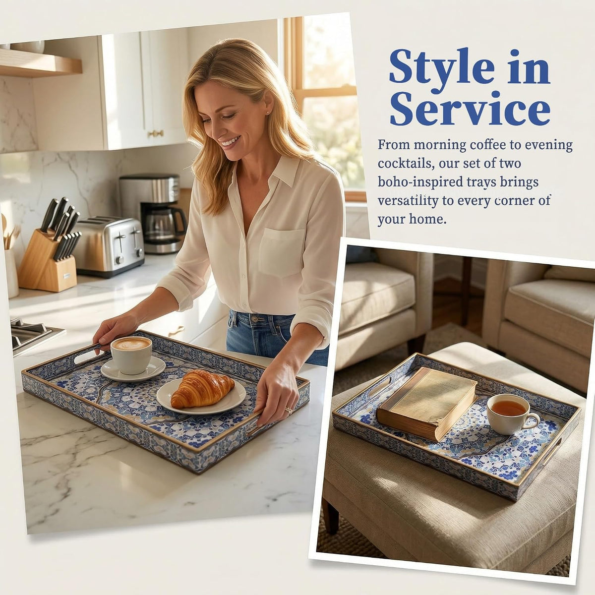 Boho Decorative Tray, Modern Blue Serving Tray with Handles, Ottoman Trays Set of 2, Plastic Coffee Table Tray for Living Room, Bathroom, Kitchen, Decor, Large 15.7”*11.8”, Small 13.7"*9.8"