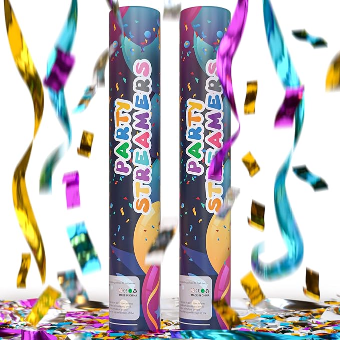 No Mess Streamer Confetti Cannon Party Poppers | 2 Pack | Multicolor Streamers | Glitter Bomb Confetti Shooters | Decoration for Birthday, Wedding | Launches 25 ft | 12 inch | TUR Party Supplies