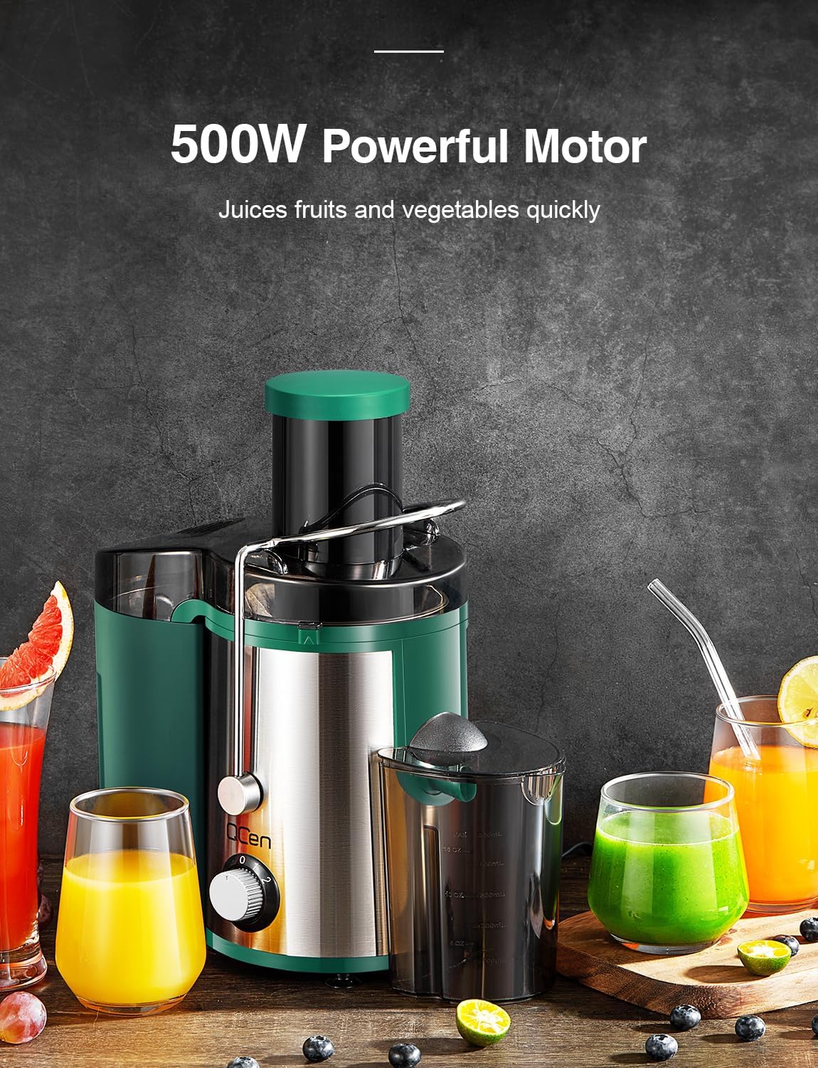 Juicer Machine, 800W Centrifugal Juicer Extractor with Wide Mouth 3” Feed Chute for Fruit Vegetable, Easy to Clean, Stainless Steel, BPA-free (Green)