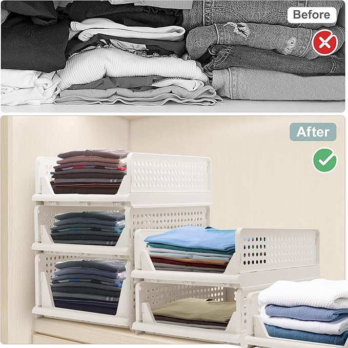 Goderewild Stackable Foldable Storage Baskets, Folding Storage Bins, Closet Organizers and Plastic Drawer Shelf Storage Container for Wardrobe, Cupboard, Kitchen, Bathroom, Office (White, 4S)