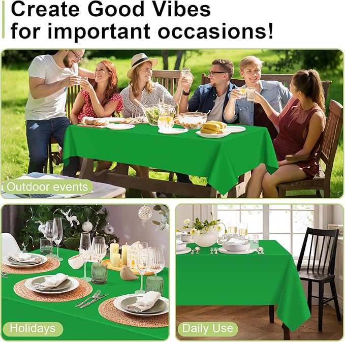 QIKSION Green Plastic Table Cloth Disposable 2 Pack, 54 x 108 Inch Tablecloths for St Patricks Day, Birthday Party, Christmas Decorations, Rectangle Table Cover