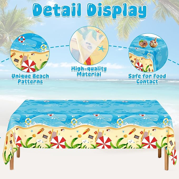 QZYL 12Pcs Summer Beach Tablecloth, 54 x 108 Inch Rectangle Beach Table Cloth, Disposable Summer Plastic Tablecloth Beach Party Decorations, Hawaiian Tropical Table Cover for Birthday Picnic Supplies