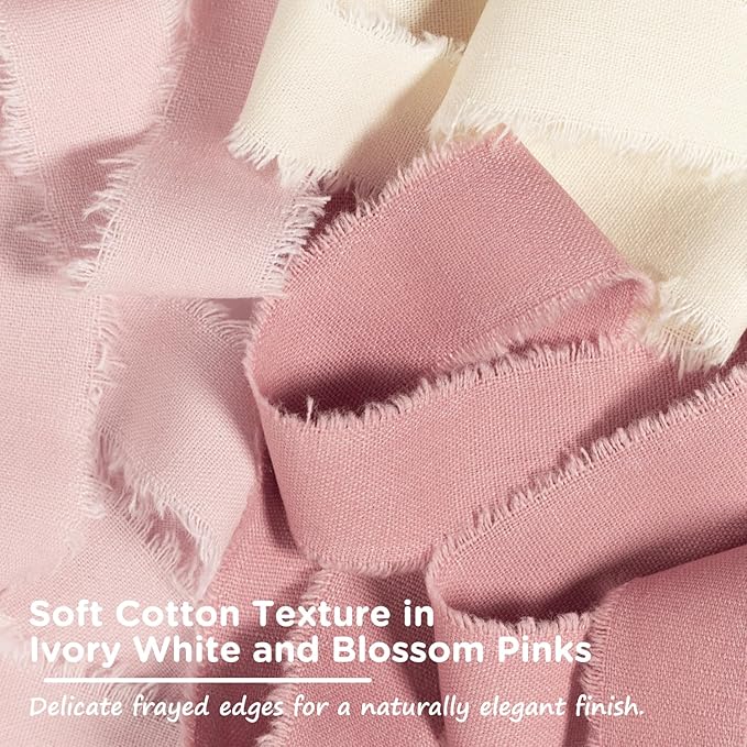 Pink & Ivory Cotton Ribbon 1 Inch Dusty Pink, Soft Pink & Cream 3 Rolls 21 Yards Frayed Edge Fabric Set for Rustic Wedding Decor, Engagement Party, Bridal Bouquet Wrap & Gift Wrapping