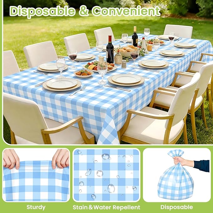 Mulbozy 4 Pcs Light Blue Checkered Tablecloth 54 ×108 Inches Rectangle Blue Gingham Tablecloth Disposable Plastic Waterproof Table Cover for Outdoor Picnic, Kitchen, Holiday Birthday Party