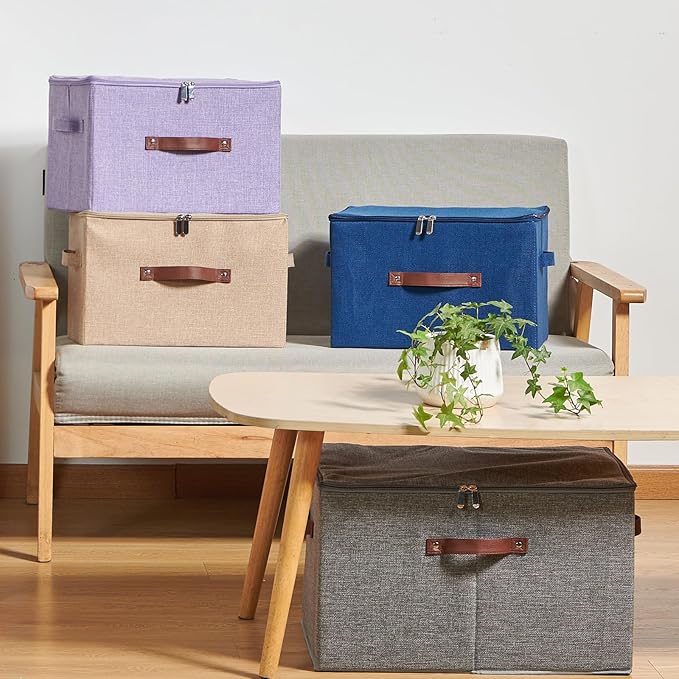 2 Pack Storage Bins with Zipper Lid Cotton Linen Fabric Lidded Storage Baskets Boxes Foldable Washable Closet Shelf Clothes Organizer Container with PU Leather Handles (Orange, Small)