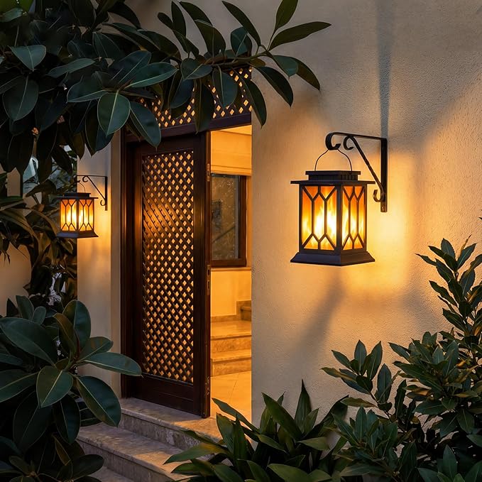 BOBKID 4 Pack Solar Lantern Outdoor Lights, Upgraded Flickering Flame Lanterns Lights Outdoor Waterproof, Hanging Lantern Decorative, Solar Powered Lighting for Yard Patio Path Tree Garden Decor