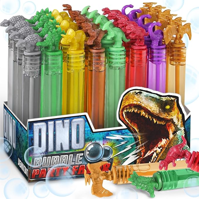 Dinosaur Bubbles Wands Bulk for Kids, Dino Birthday Decoration, 32 Pack Mini Bubble Party Favors, Pinata Stuffer, Goody Bag Filler, Classroom Prizes Treasure Box, Outdoor Toys for Toddler