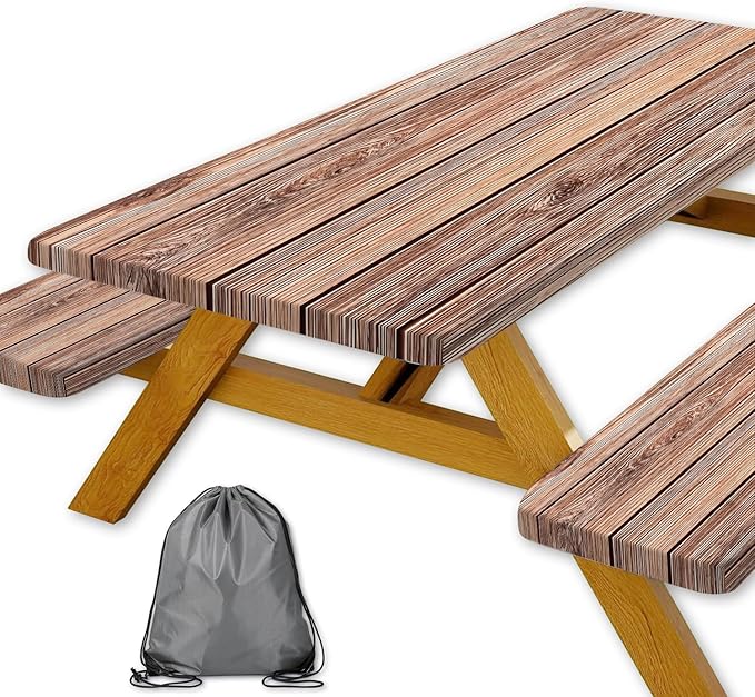 Picnic Table Cover with Bench Covers Camping Essentials Farmhouse Outdoor Table Covers Wood Grain Waterproof Windproof Fitted Tablecloth Cover with Elastic Edge for Indoor & Outdoor 3 PCS 30x72 Inch