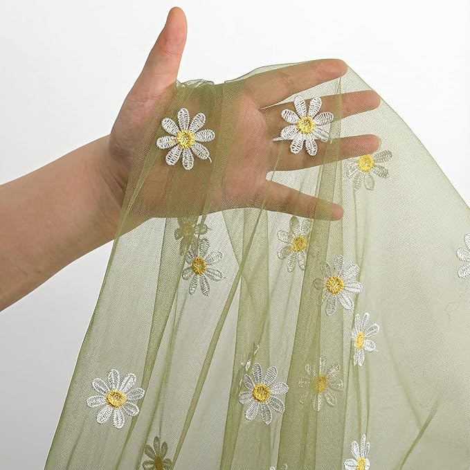 Horaldaily Sage Green Embroidery Daisy Spring Summer Gauze Tablecloth 60×104 Inch Rectangular, Seasonal Tulle Table Cover, Garden Party Decorations for Wedding, Party, Holiday Dining