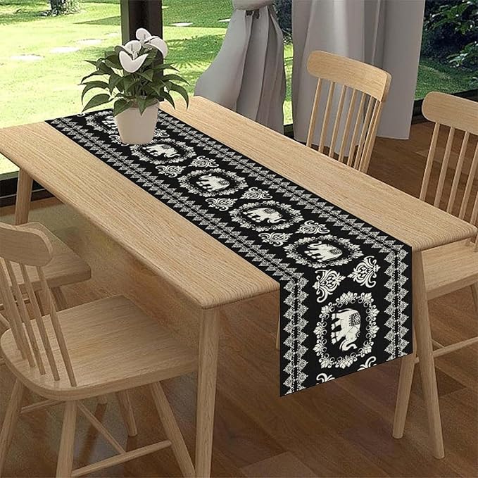 Boho Elephant Table Runner, Rustic Black African Tribe Animal Damask Diwali India Mandala Art Print Coffee Table Center Decor for Home Kitchen Holiday Party Outdoor Table Decorations, 13"x90"