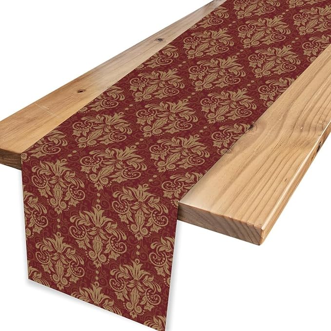 Red Damask Table Runner, Rustic Gothic Baroque Style Floral Boho Flower Antique Coffee Vintage Retro Table Center Decor for Kitchen and Dining Outdoor Home Country Party Table Decorations, 13"x36"