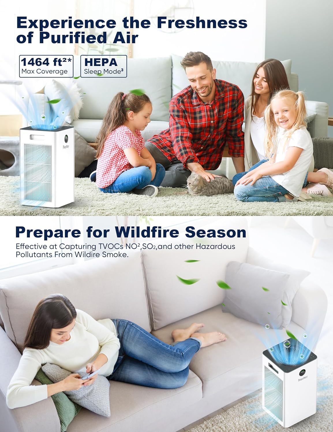 Priestley Air Purifiers for Home Large Room up to 1500 sq ft, Smart Control Air Purifier, True HEPA Filter Air Cleaner Removes 99.97% of Particles, Dust, Allergies Pets Odor, 22dB Quiet Sleep Mode