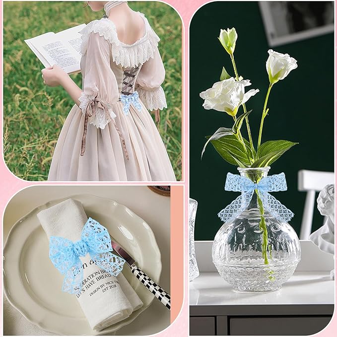 BEEFLYING 3 Styles Light Blue Wire Edged Polyester Ribbons for Gift Wrapping Decoration 25~28mm×2.7m Organza Lace Fabric Ribbons for Wedding Party HairBows,Flower Designs Sewing and Craft, 9 Yards