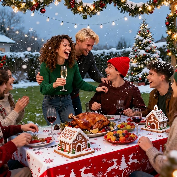Winter Christmas Tablecloths - 2-Pack, Winter Themed with Reindeer and Snowflakes, Disposable Plastic Tablecloths 54" x 108", Ideal for Indoor and Outdoor Christmas Party Decorations