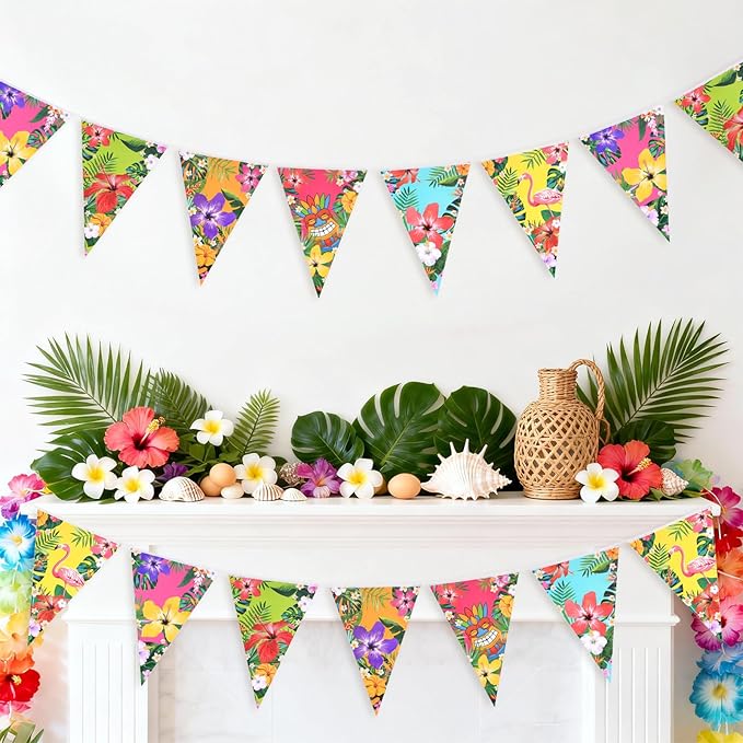 jijAcraft 4 Pack Hawaiian Bunting Banners - Pre-strung Tropical Flowers Triangle Pennant Banner with Flamingo, Floral Luau Party Decor for Hawaiian Tropical Pool Summer Tiki Beach Aloha Party Decor