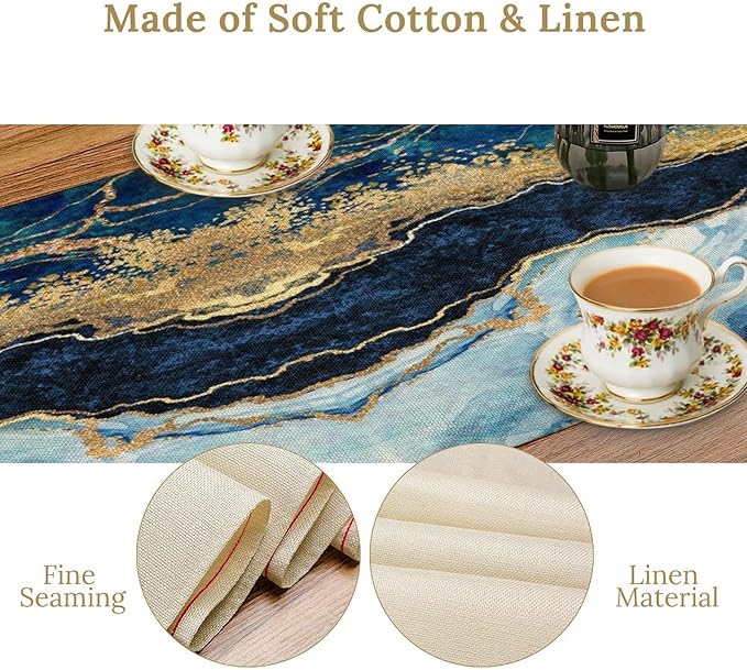 Marble Table Runner, Blue Texture Abstract Art Print Table Runner for Indoor Home Living Room Party Dining Kitchen 13x70in