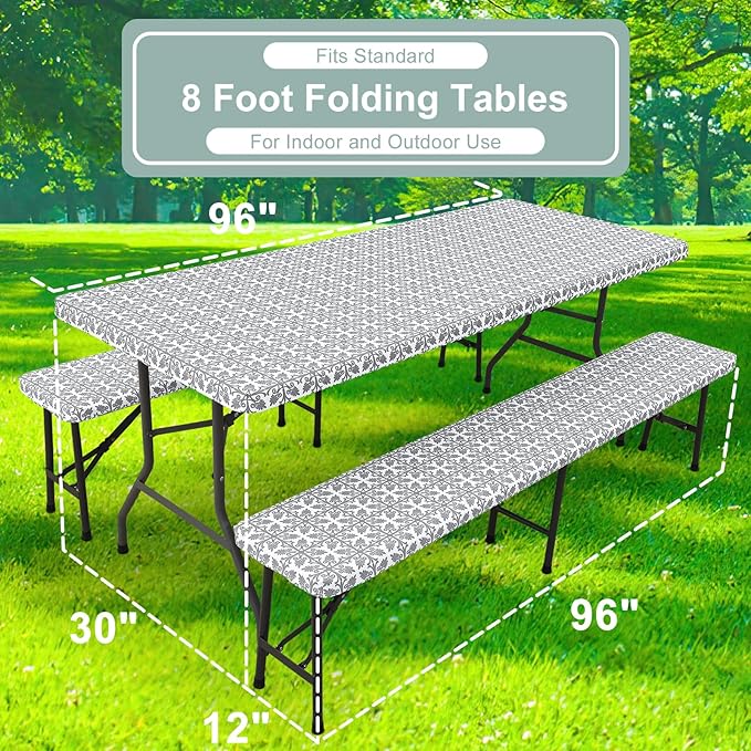 misaya Picnic Table Cover with Bench Cover, Waterproof Elastic Fitted Tablecloth for 8 Foot Tables, Rectangle Washable Polyester Tablecloths for Picnic, Camping, Outdoor (Grey, 30" x 96")