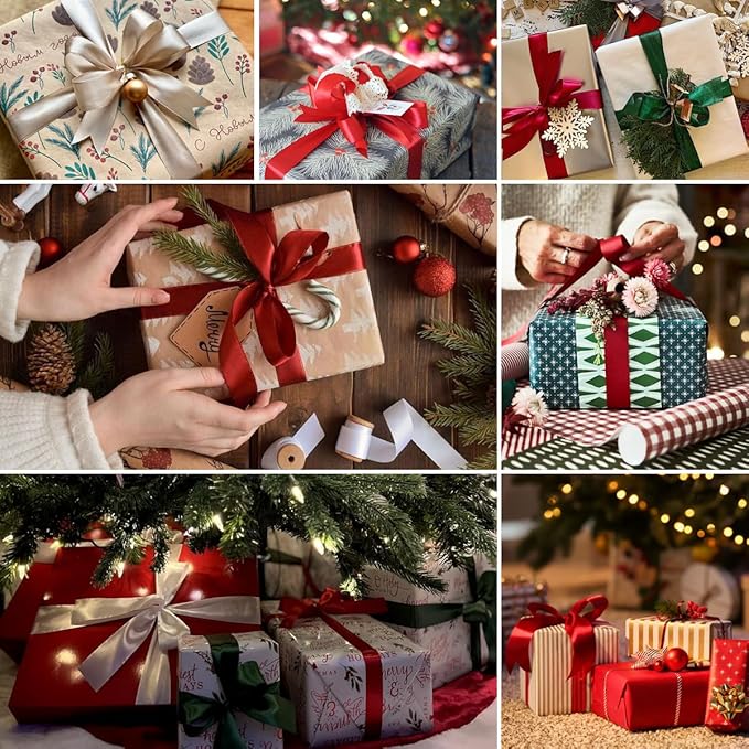 Dark Green Christmas Ribbon, Burgundy Satin Ribbon 1-1/2 Inch 50 Yards, Fabric Ribbons for Christmas Party Decorations, Gift Wrapping, Tree Ornaments, Bouquets, Door Wreath, Bows Making and DIY Crafts