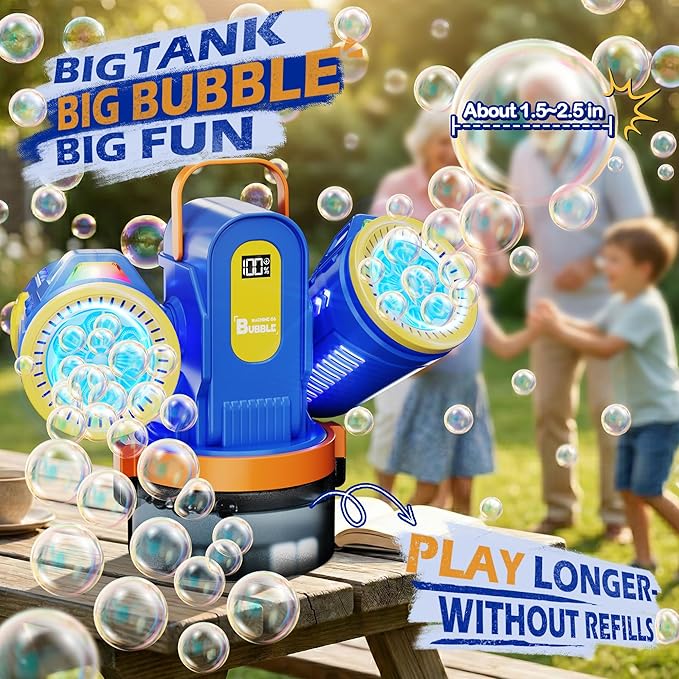 Belemar Dual-Engine Bubble Machine for Kids with RGB Lights & Remote Control, 150° Auto Rotation, Battery Status Display, Type-C Rechargeable,700mL Tank for Parties, Weddings, Outdoor Events