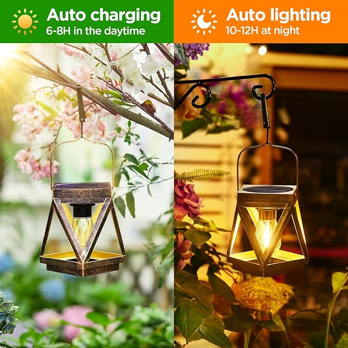 KOOPER Solar Lanterns Outdoor Waterproof - Upgraded Metal Hanging Solar Lights Outdoor Lanterns Decorative, Bright Bronze Hanging Lantern Outdoor for Yard Patio Table Pathway Garden Decor 2 Pack