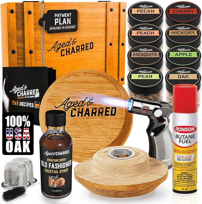 Whiskey Cocktail Smoker Kit with Torch, Old Fashioned Syrup & 8 Flavors Wood Chips - Premium USA Oak Smoker - Old Fashioned Smoker Kit - Bourbon Gifts for Men (with Butane)