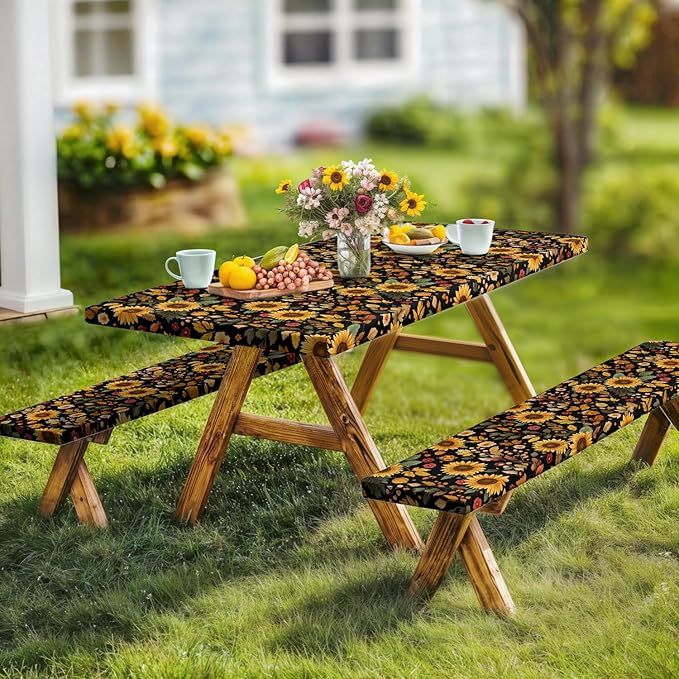 Picnic Table Cover with Bench Covers, Camping Essentials, Sunflower Flower Leaves Waterproof Windproof Patio Table Cover, Fitted Tablecloth Cover with Elastic Edge for Indoor Outdoor 3 PCS 30x72 Inch