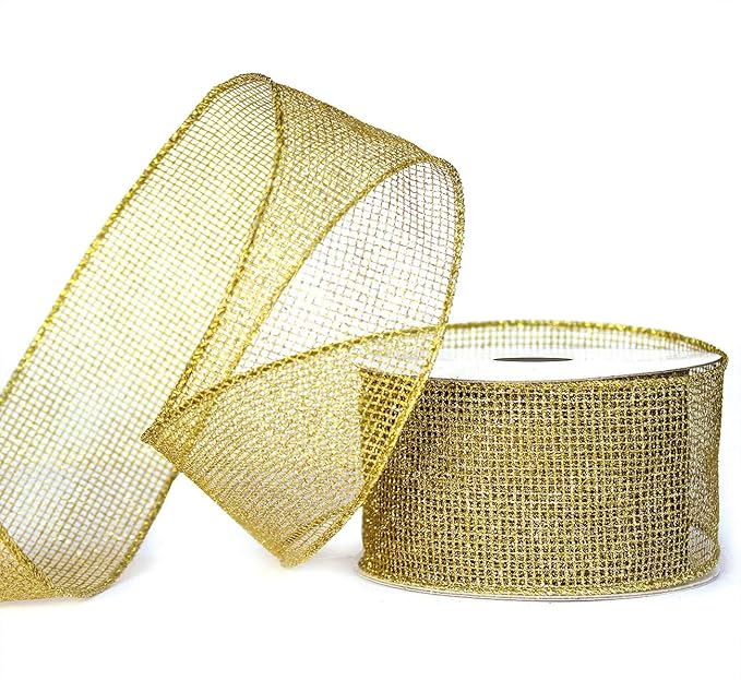 Gold Ribbon Wired Easter Ribbons for Baskets 2.5 Inch 6 Rolls 36 Yards Burlap Basket Organza Sheer Mesh Metallic Glitter Crafts Decorating Gift Wrapping Bows Wrap Bow Christmas Tree Topper Wreath