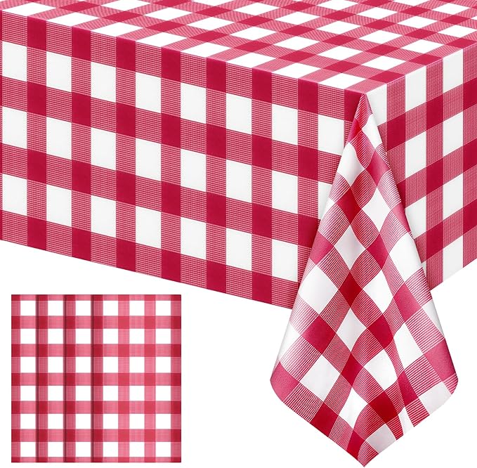 4 Pack Red Striped Gingham Tablecloths, 54 x 108 Inch Disposable Plastic Rectangle Table Covers, Waterproof Red and White Checkered Table Cloths for Picnic, Birthday, Party, Outdoor Events