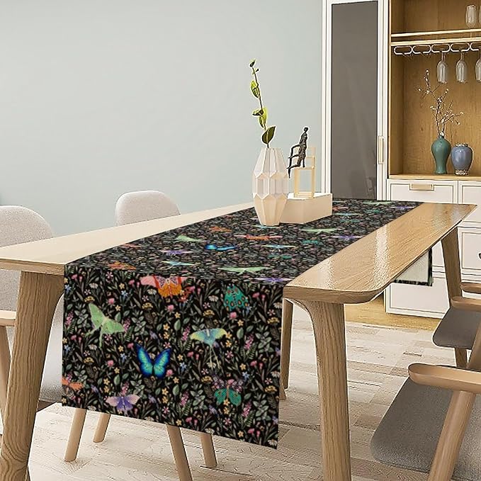 Boho Wildflower Moth Table Runner,Bohemian Floral Colorful Butterfly Print Table Runner for Kitchen Dining Table Holiday Indoor Outdoor Home Party Decor 13x70in