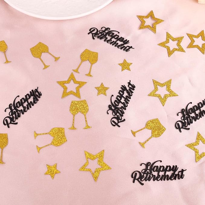 300pcs Happy Retirement Confetti, Black & Gold Table Confetti for Retirement Party Decorations Glitter Table Scatter for Farewell Party Decor Gifts Cake Centerpieces
