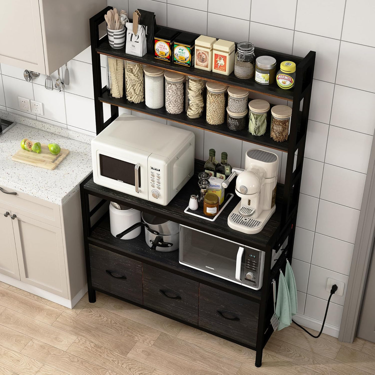 Bakers Rack with Power Outlet,5-Tier Free Standing Kitchen Storage Shelf Bakers Rack with Baskets,Industrial Microwave Oven Stand