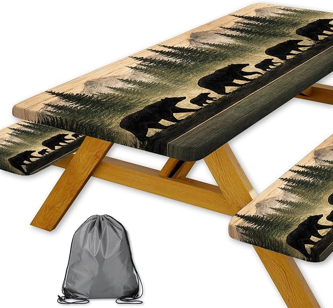 Picnic Table Cover with Bench Covers and Bag, Forest Mountain Bear Wooden Waterproof Windproof, Fitted Tablecloth Cover with Elastic Edge, for Indoor & Outdoor, Garden, Camping, 3 PCS 30x96 Inch