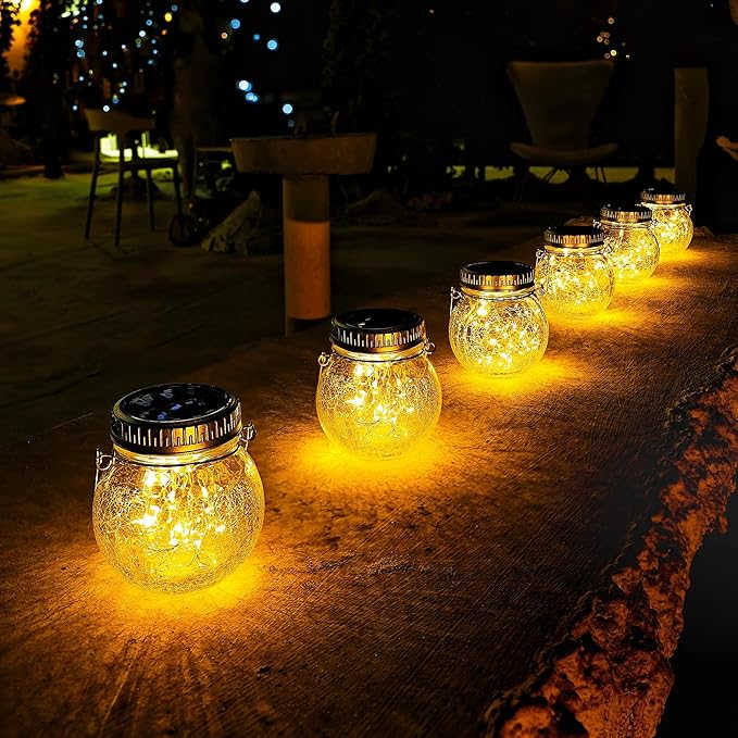 Cooo 6 Pack Crackle Glass Solar Lantern with 30 LED Firefly Lights– Waterproof Outdoor Hanging Lamp 215% Larger Solar Panel, Anti-Rust Lids Decorative Lighting for Garden Patio Table