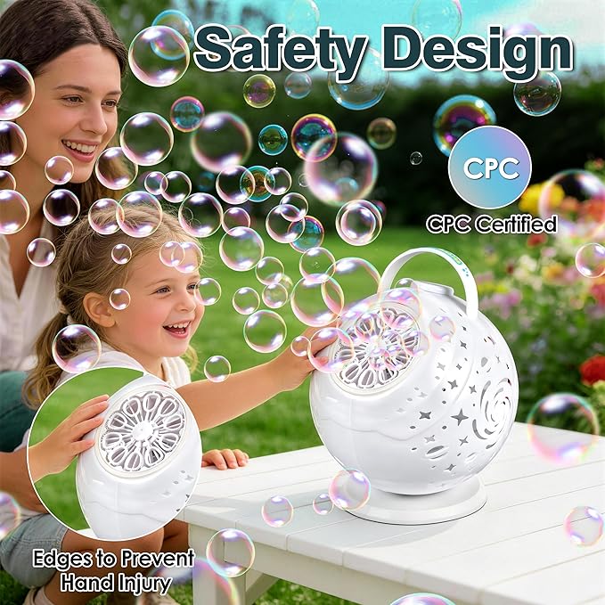 Upgraded Bubble Machine with Wireless Remote, 90° & 360° Rotating Maker, 7 Colors LED Light, 20000+ Output per Min, Type-C Charge, Automatic Blower for Kids Toddlers Indoor Outdoor Wedding
