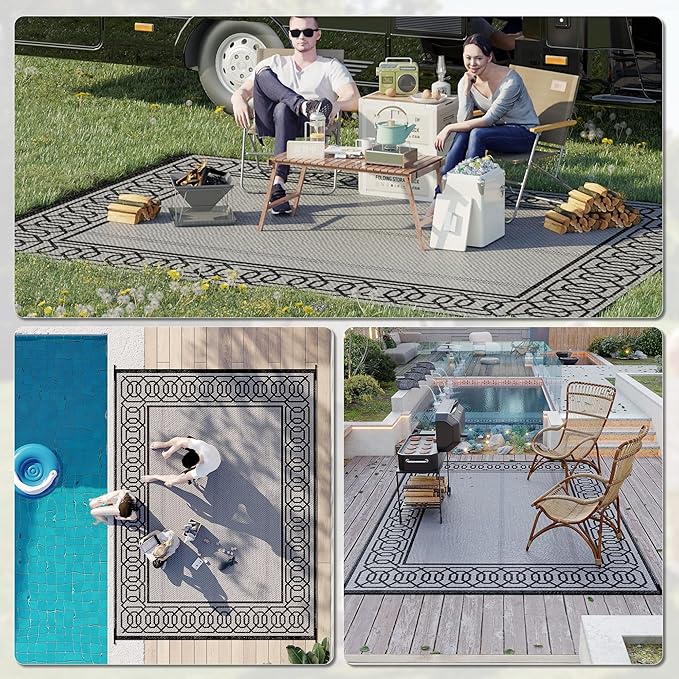 Outsunny Outdoor Rug for Patio, 9' x 12' Waterproof Large Mat, Reversible Plastic Straw Rug for Decor, Portable Outside RV Camping Area Carpet Mat for Backyard Porch Deck Picnic, Black & Gray Border