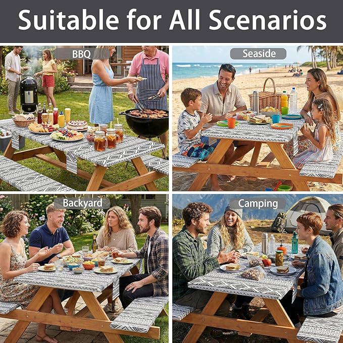 Picnic Table Cover with Bench Covers Non Slip Waterproof Vinyl Tablecloth for 6 Foot Rectangle Tables Family Gardening Needs Camping Rv Roadtrip Items for Tent Camper Useful Gift for Woman Man