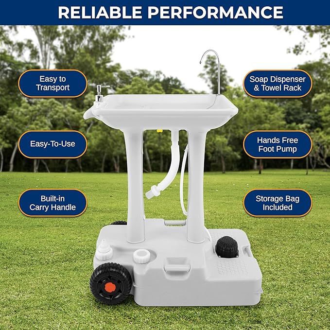 SereneLife Portable Hand Washing Station, 100+ Hand Washes, Hands-Free Foot Pump, Soap Dispenser, and Drain Hose, Ideal for Outdoor Events, Camping, Boating and Worksites