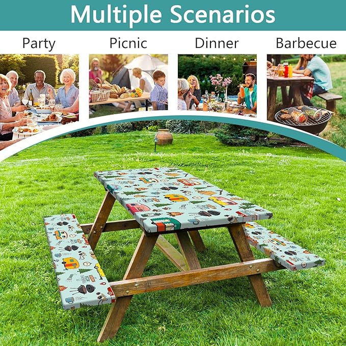Camping Picnic Table Cover with Bench Covers and Bag, Camping Essentials, Waterproof Windproof Fabric, Fitted Tablecloth Cover with Elastic Edge, for Indoor & Outdoor, Garden, 3 PCS, 30x96 Inch