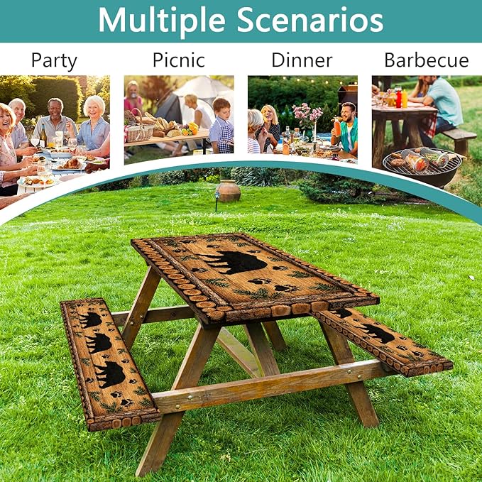 Forest Theme Picnic Table Cover with Bench Covers 6FT, Camping Essentials, Wood Grain Bear Waterproof Windproof Oilproof, Fitted Tablecloth Cover with Elastic Edge for Outdoor Garden 3 PCS 30x72 Inch