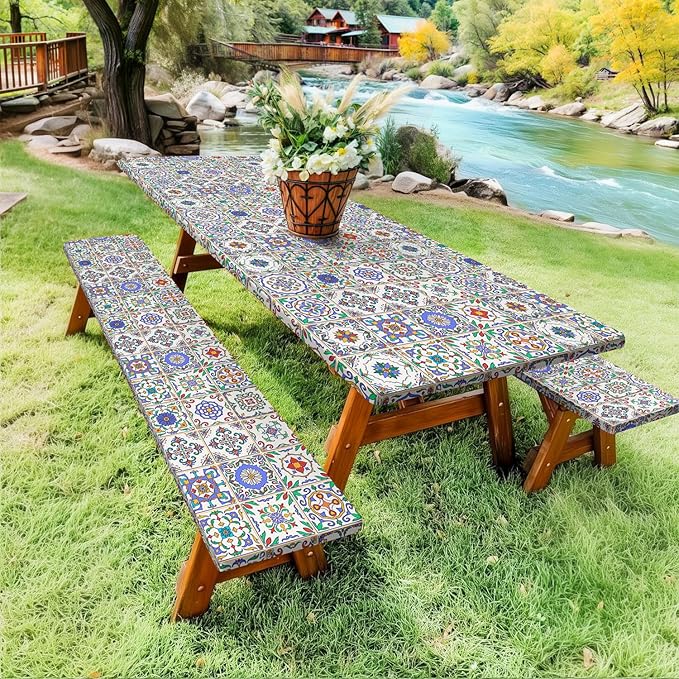 Picnic Table Cover with Bench Covers, Camping Essentials, Buffalo Plaid Waterproof Windproof Camping Tablecloth, Fitted Tablecloth Cover with Elastic Edge, for Garden & Outdoor, 3 PCS, 30x96 Inch