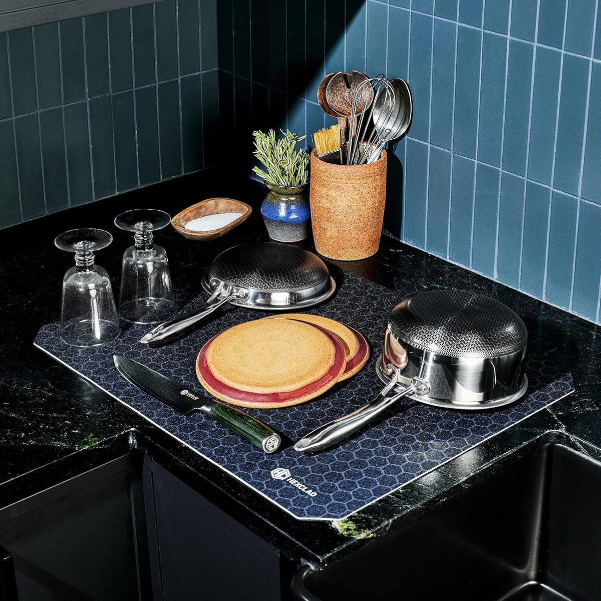 HexClad 2-Piece Dish Drying Mat Set Made of Absorbent Fabric that Holds up to 8oz of Liquid, Ultra-Thin Design for Fast Drying, Waterproof and Non-Slip Backing, Cut for a Universal Fit that Won’t Fray