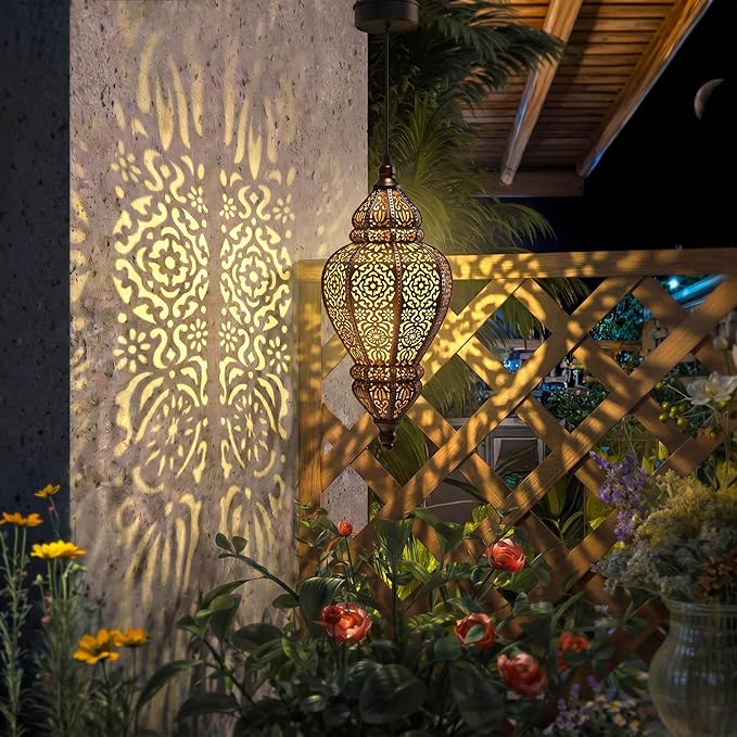 Hapjoy Moroccan Hanging Solar Lights Outdoor Lantern Bidirectional Availabili Garden Decor Waterproof Plastic Gold Decorations for Patio Pathway Yard Backyard Solar Powered Garden Decorative (1, gold)