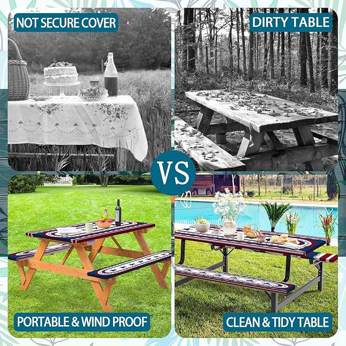 JAWO 4th of July Picnic Table Cover with Bench Covers, Patriotic USA Stars Waterproof Elastic Fitted Tablecloth, Independence Day Outdoor Camping Patio Essentials 3PCS with Drawstring Bag,60in