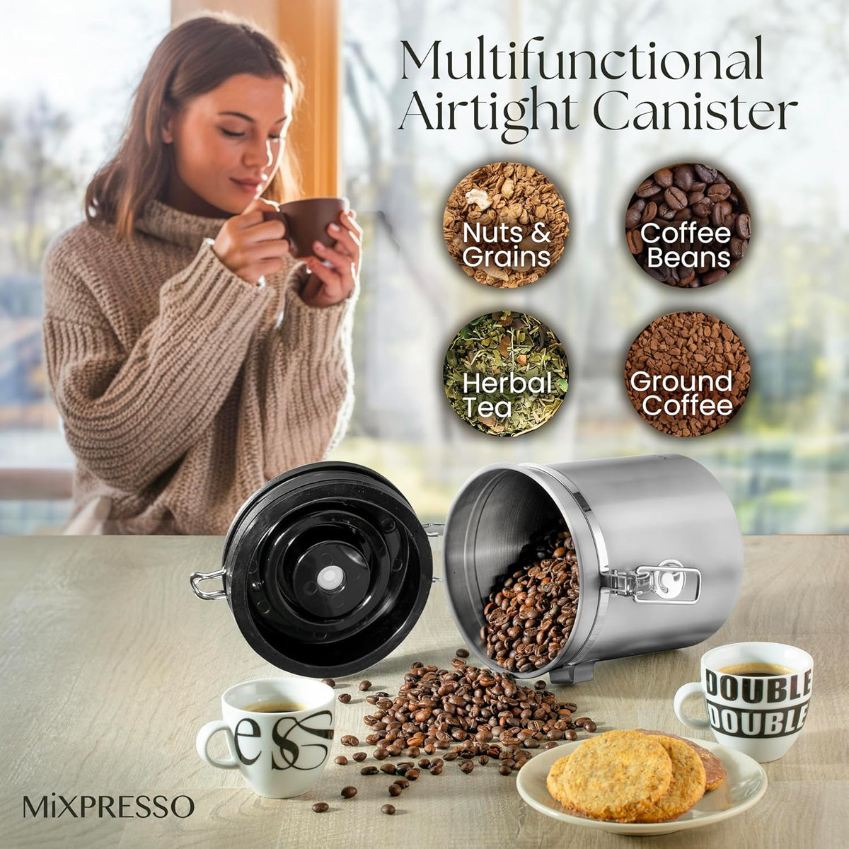 Mixpresso 16 Oz Coffee Canister with Scoop, Stainless Steel Airtight Coffee Container, Air tight Jar Tea Storage with Date Tracker