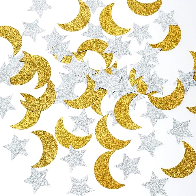 Glitter Moon Stars Paper Table Confetti Gold Twinkle Stars Crescent Table Decor Wedding Engagement Favors Baby Shower Birthday Ramadan Eid Christmas Party Table Centerpieces Decorations, 400pc