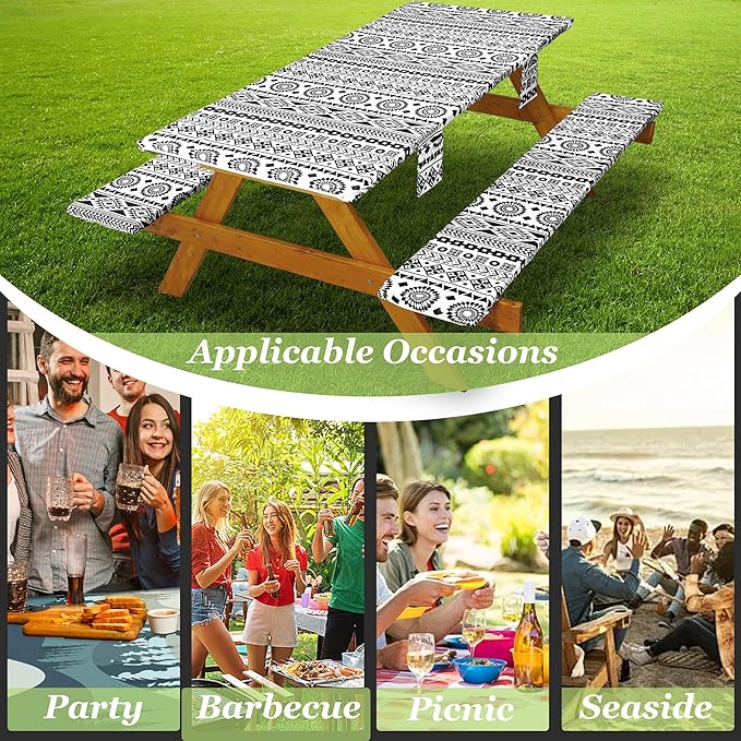 Picnic Table Cover with Bench Covers Vinyl Elastic Edges Fitted Rectangle Tables Seat Waterproof 3-Piece96X30in Set Outdoor Rectangular Folding Backing Tablecloth for Camping Over Size BlackGeometrics