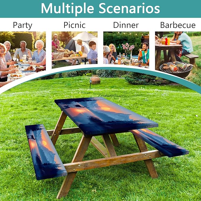3 PCS Picnic Table Cover with Bench Covers & Storage Bag, Waterproof Fitted Camping Tablecloth with Elastic, 30x96 Inch, Sunset Mountain Lake Deer Forest Print, Indoor Outdoor Patio RV Party Table