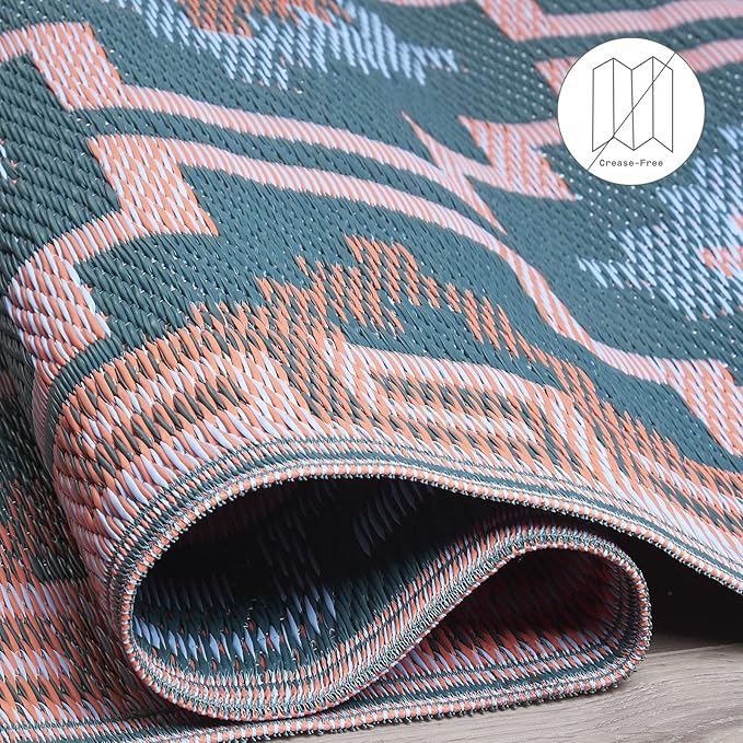 Fab Habitat Outdoor Rug - Waterproof, Fade Resistant, Crease-Free, Reversible - Premium Recycled Plastic - Vintage Boho Kilim - Patio, Deck, Porch, Balcony, Laundry Room - Lhasa - Green - 4 x 6 ft