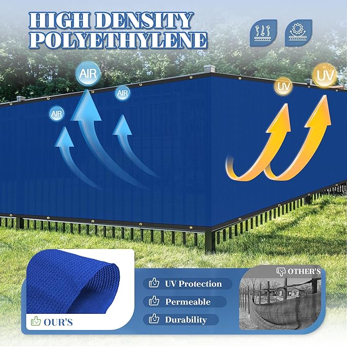 ECOOPTS 8'x138' Privacy Fence Screen Windscreen with Copper Grommets, Fit for Commercial Fence and Residential Garden Outdoor 90% UV Blockage, Cable Zip Ties Included (Blue)