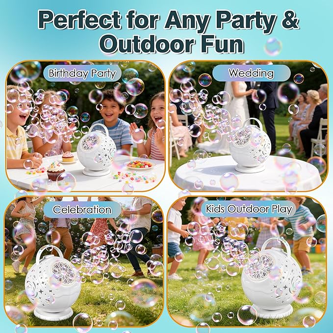 Upgraded Bubble Machine with Wireless Remote, 90° & 360° Rotating Maker, 7 Colors LED Light, 20000+ Output per Min, Type-C Charge, Automatic Blower for Kids Toddlers Indoor Outdoor Wedding